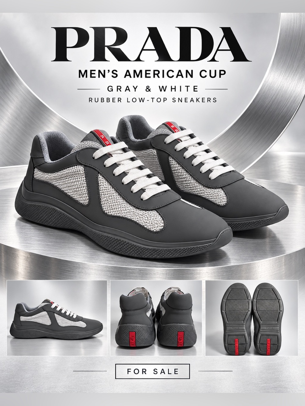 Prada Men's American Cup Gray and White Rubber Low-Top Sneakers